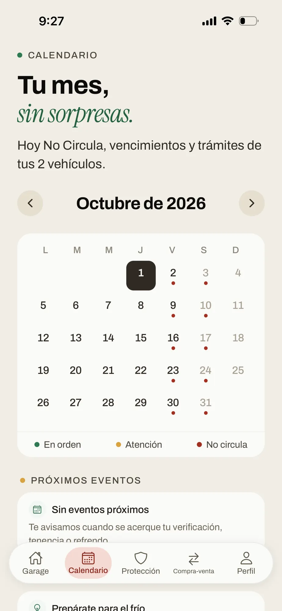 Pantalla Tu mes, sin sorpresas: calendario de octubre con Hoy No Circula, vencimientos y trámites.