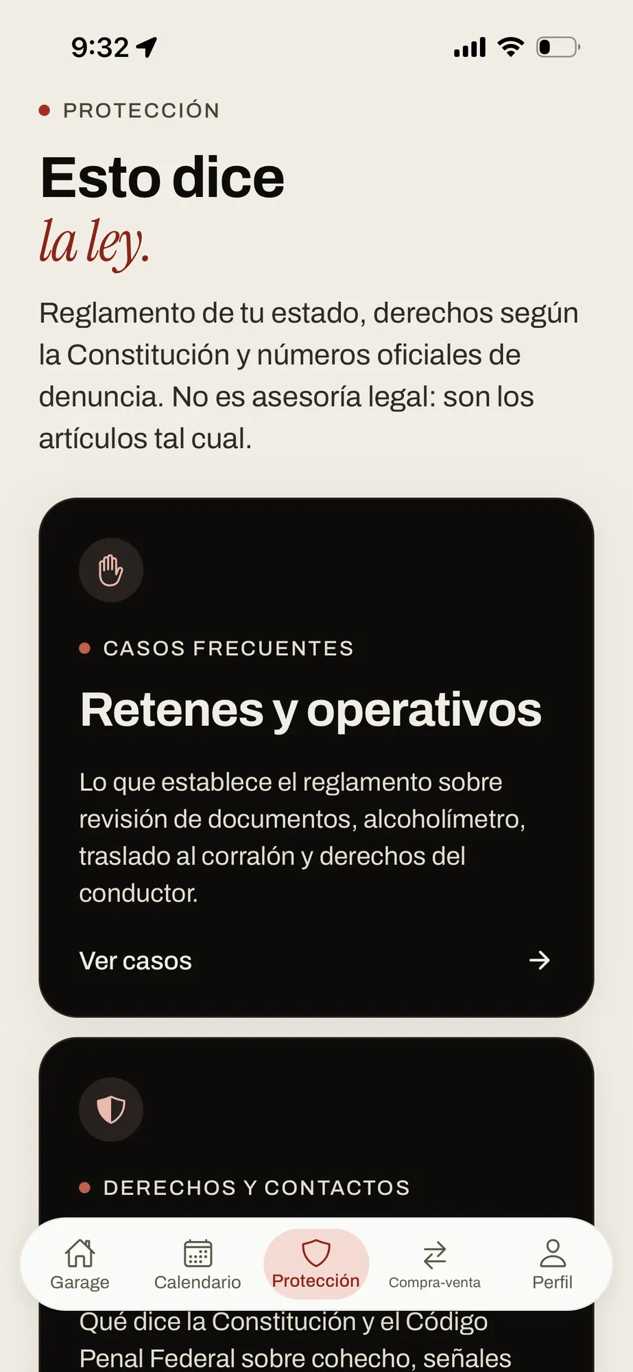 Pantalla Esto dice la ley: reglamento de tu estado, derechos según la Constitución y números oficiales de denuncia.