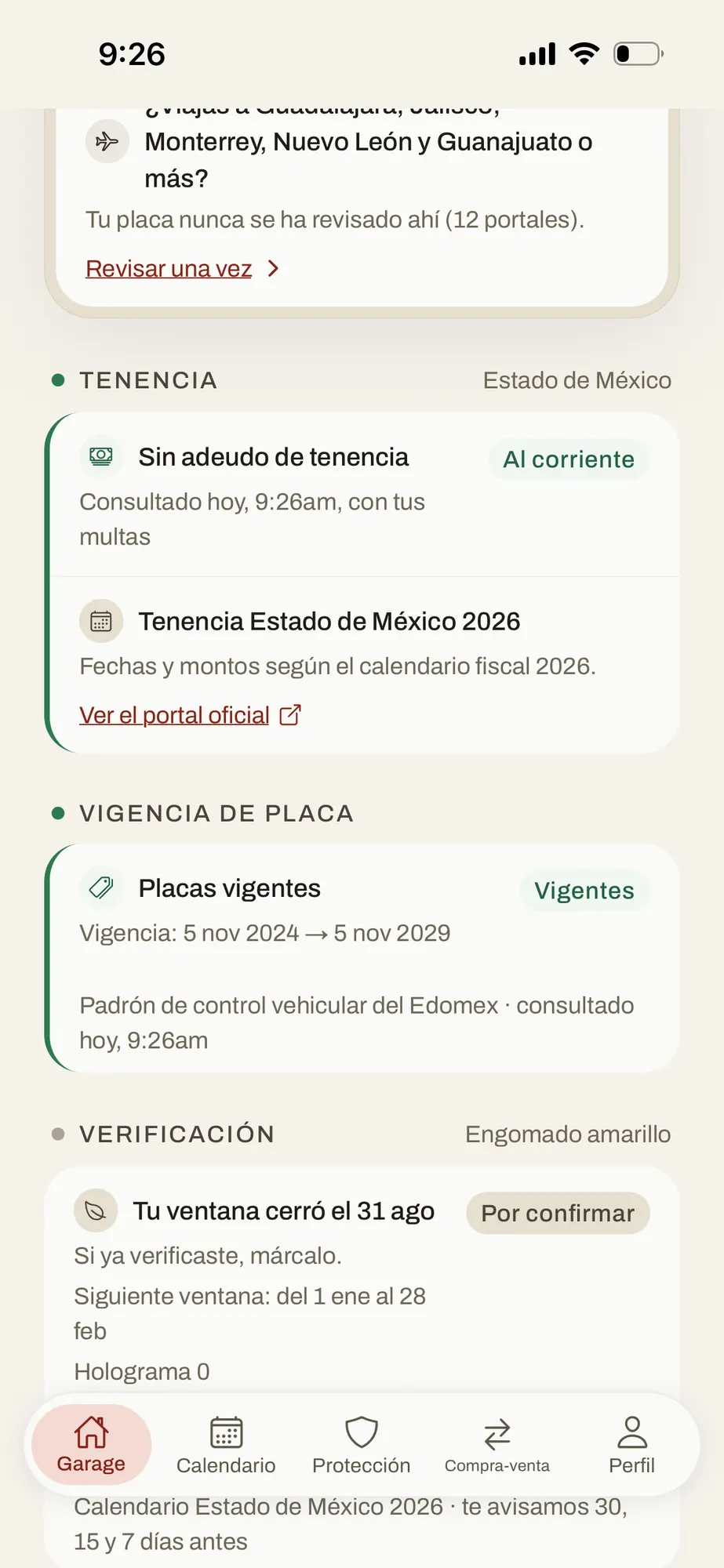 Tenencia del Estado de México sin adeudo, placas vigentes del 5 nov 2024 al 5 nov 2029 y la ventana de verificación, cada una con la fecha de su consulta.